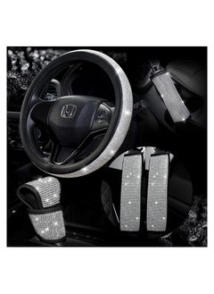 Buy Universal Car Accessories Set Of 5 Pieces Crystal Steering Wheel Cover, Diamond Handbrake Cover, seat belt cover and Diamond Gear Shift Knob Cover Accessory for car - Silver /Black in Egypt