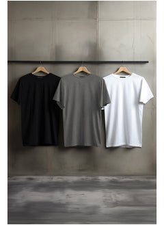 Buy Black-Anthracite Melange-White Basic Slim Fit 100% Cotton 3-Pack T-Shirt TMNSS19BO0007 in Egypt