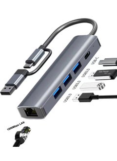 اشتري USB to Ethernet Adapter, 5 in 2 USB Hub with Ethernet, Plug and Play, Multiport Network Adapter with 3 USB 3.0 Port, Gigabit RJ45, USB-C Power Port Compatible for Laptop MacBook XPS Windows 11 في السعودية