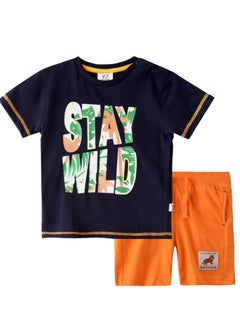 Buy Baby Boys 2 piece Set - T-Shirts & Shorts - Navy Blue and Orange (100% Cotton)- VJ in UAE