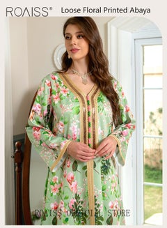 Buy Women V Neck Long Sleeved Dress Floral Pattern Embroidery Front Arabian Robe in UAE