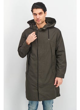 Buy Men Plain Parka Jacket, Dark Khaki Green in UAE