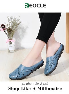 Buy Women's Casual Versatile Hollow Slippers Comfortable Breathable Leather Loaf Mule Sandals Flats Blue in UAE