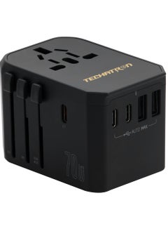 اشتري 70W GAN Charger 6-in-1 Universal Travel Adapter (Type C/G/A/I) for US/AU/UK/EU | 2 USB-A, 3 USB-C, 1 AC Socket | European Travel Plug Adapter | International Power Adapter | Black في الامارات