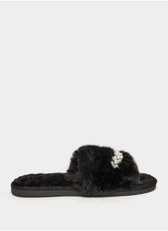 Buy Embellished Wide Band Fluffy Bedroom Slippers in Saudi Arabia