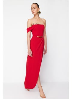 Buy X Zeynep Tosun Red Wrap Knitted Long Evening Dress & Graduation Dress with Accessory Detail TCLSS24AE00007 in Egypt