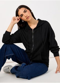 Buy Regular Fit Textured Knit Zip Through Hoodie in Saudi Arabia