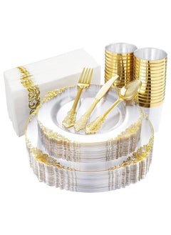 اشتري 175PCS Clear Gold Plastic Plates - Gold Disposable Plates for 25 Guests Include 25Dinner Plates, 25Dessert Plates, 25Cups, 25Forks, 25Knives, 25Spoons, 25Napkins for Wedding & Party في السعودية