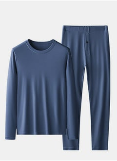 Buy Mens Solid Color Thin Seamless Long Johns And Crew-Neck Thermal Underwear Set 2 Piece Base Layer Set for Men Navy Blue in Saudi Arabia