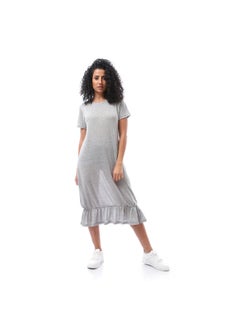 اشتري Round Neck Midi Dress with Ruffle Trim - Heather Medium Grey في مصر