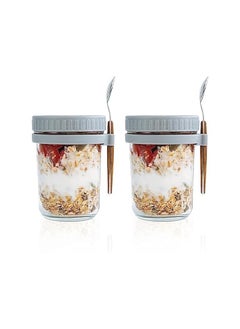 Buy Overnight Oats Jars with Lid and Spoon, 2PCS 350ml Large Capacity Airtight Oatmeal Container with Measurement Marks, Wide Mouth Portable Jars Breakfast Container for Salads Yogurt Cereal Milk in UAE