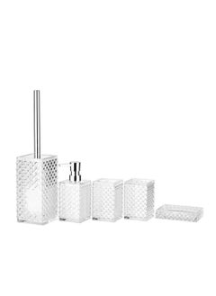 اشتري 5PCs Glass Bathroom Accessories Set with Decorative Pressed Pattern - Includes Hand Soap Dispenser & Tumbler & Soap Dish & Toothbrush Holder White في الامارات