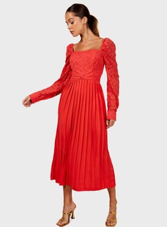 Buy Coral Lace Pleated Midi Dress in UAE