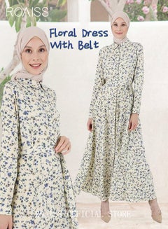 Buy Women's Dress Simple Floral Long-Sleeve Long Dress Sweet Temperament A-Line Version Shirt Dress for Women Ladies in Saudi Arabia
