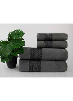 Buy Towel 4 Piece Bathroom  Set - BLOCKS - 500 GSM - 100% Cotton Terry - Jacquard Border- 2 Bath  70X140 cm & 2 Hand  50x90 cm- Luxury Touch - Extra Absorbent-Gray in Saudi Arabia