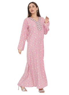 Buy UNIQUE NECK THREAD EMBROIDERED LONG FLORAL PRINTED VISCOSE ARABIC KAFTAN JALABIYA DRESS in Saudi Arabia