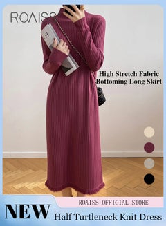 Buy Women Half Turtleneck Knit Sweater Dress Long Length Long Sleeve Sweater Dress with Fringed Hem Design Traditional Maxi Dress Suitable for College and Work in UAE