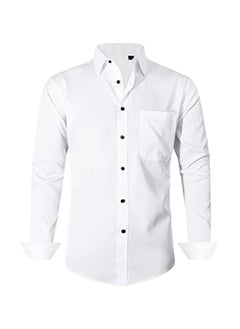 Buy Men's Solid Color Lapel Long-Sleeved Elastic Business Casual Buttoned Shirt White in UAE