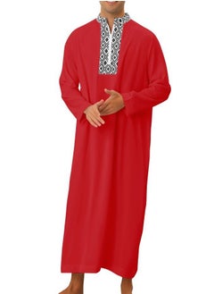 Buy Men's Muslim Stand Collar Printed Loose Robe Thobe Long Sleeve Zipper Kaftan Red in UAE