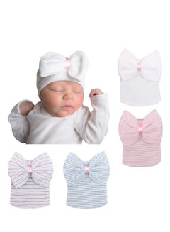 Buy Newborn Hat, Newborn Infant Baby Hospital Hat Cap with Bow Knot Nursery Beanie Soft, Blue, White, Pink 4 Pack, First Hat Knit Caps for Baby Girls Boys in Saudi Arabia