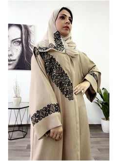 Buy Abaya Sponge-Neck Morocco Hand Embroidered with Linen Cream in Saudi Arabia