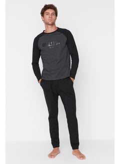 Buy Men's Black Printed Raglan Sleeve Knitted Pajamas Set in Egypt