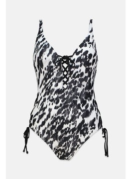 Buy Women Allover Print Sleeveless One Piece Swimwear, Black Combo in Saudi Arabia