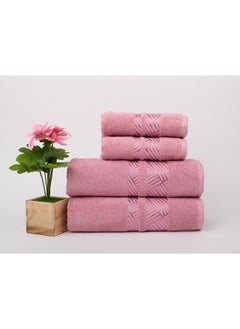 Buy Towel 4 Piece Bathroom  Set - TRACK - 500 GSM - 100% Cotton Terry - Jacquard Border- 2 Bath  70X140 cm & 2 Hand  50x90 cm- Luxury Touch - Extra Absorbent-Pink in Saudi Arabia