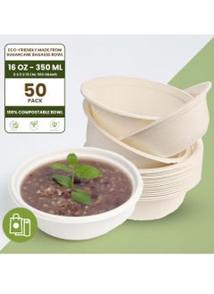 Buy Ecoway Compostable Heavy Duty Made Of Bagasse Cane Fibers - [12 Ounce - 350 Ml, Pack Of 50] Disposable Bowls Eco-Friendly Biodegradable Perfect For Salad, Soup, Dessert, Hot or Cold Use, White in UAE