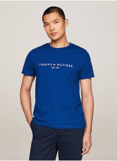 Buy Men's Logo Embroidery Slim Fit T-Shirt -  Pure cotton, Blue in Saudi Arabia