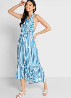 Buy Halter Neck Tie Back Detail Striped Dress in Saudi Arabia