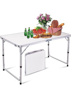 اشتري Folding Table, 1.2m Folding Picnic Table, Aluminum Portable Camping Table with Handle, Adjustable Height Plastic Table for Picnic, Party, Bbq, White في السعودية