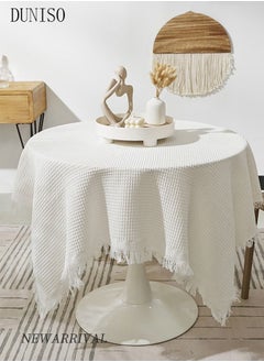 Buy Checkerd Pattern Tassel Cotton Linen Table Cloth For Dinning Room And Kitchen 130CM in UAE