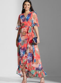 Buy Floral Ruffle Hem Wrap Dress in UAE