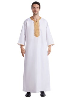 Buy Men's Casual Full Length Embroidery Abaya Robe Islamic Arabic Kaftan White/Gold in Saudi Arabia