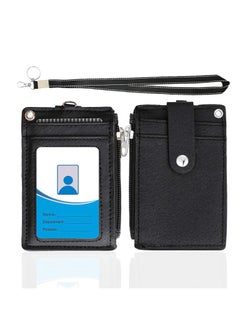 اشتري Badge Holder with Zipper, Cute Id Badge Holder Wallet Leather Credit Card Holder Zipper Wallet with Lanyard, 2 Sided 5 Card Slots and Key Chain في الامارات