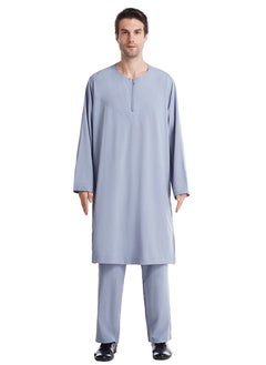 اشتري Men's Muslim Arab Long Sleeve Kaftan Set Middle Eastern Kandora Thobe Thawb Suit Dusty Blue في السعودية