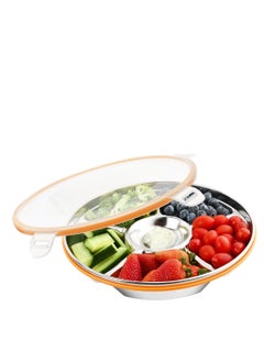 Buy Divided Serving Tray with Lid, 10in Snack Tray with Lid, Leak Proof Veggie Tray with Lid, Vegetable Tray with Lid with Stainless Steel 6 Compartments, Fruit Platter Tray for Party (60 oz) in Saudi Arabia