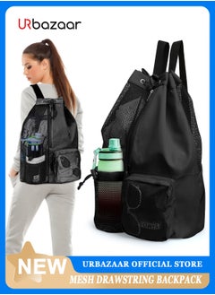 اشتري Drawstring Backpack Sports Gym Bag, Nylon Draw Backpack Large Size with Zipper and Front Rear Pocket, Water Resistant String Sackpack for School Swimming Travel Women Men في الامارات