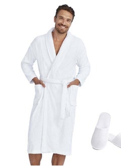 Buy Soft cotton double bath robe with pocket and waist belt with a distinctive slipper with an elegant design plain white multi sizes in Saudi Arabia