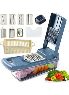 Buy 12-in-1 Multi-function Vegetable and Fruit Chopper with 7 Interchangeable Stainless Steel Blades, Adjustable Slicer, with Drain Rack Storage Container in Saudi Arabia