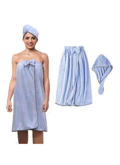 Buy 2 Pcs Women Bath Towel Set, Bath Towel And Head Cover With Adjustable Velcro, Absorbent Quick Drying Adjustable Shower Bath Wrap Gift Set (Light Blue) in Saudi Arabia