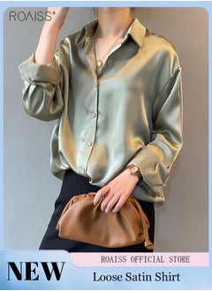 اشتري Women's Satin Luminous Drape Shirt Casual Versatile Loose Top Classic Polo Collar Long Sleeved Shirt With Button Closure في الامارات