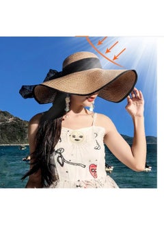 Buy Women's wide brimmed straw woven Panama hat, soft fur hat, summer beach sun hat, women's straw hat 2024 new model in UAE