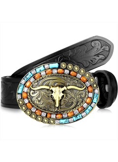 Buy Western Leather Buckle Belts Cowboy Longhorn Bull Pattern Buckle Belt with Classic Bull Engraved Leather Belt for Men in UAE