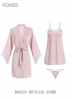 Buy 3-Piece Set Women Sweet Nightdress French Romantic Feather Ice Silk Sling Sleepwear Pajamas Ladies Satin Robe G-sting Loungewear Loose Nightgown Female Home Wear Pink in Saudi Arabia