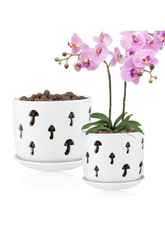 اشتري Orchid Pots With Holes,5 Inch + 6 Inch Ceramic Planters Set Of 2 With 2 Tray,White Flower Pot With Dancing Mushroom Shaped Vent, Enhanced Drainage And Ventilation في الامارات