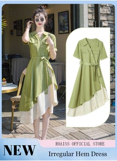 Buy Women's Shirt Dress with Buttons, Simple Solid Half Sleeve Midi Dress, Women's Dresses Irregular Hem Solid Color Summer Dress. in Saudi Arabia