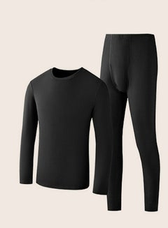 Buy Mens Solid Color Skin Friendly Thick Long Johns Fleese And Thermal Underwear Set, 2 Piece Cold Weather Base Layer Set for Men Black in UAE