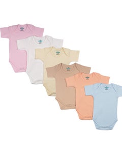 Buy BabiesBasic 100% Super Combed Cotton, Short Sleeves Romper/Bodysuit, for New Born to 24months. Set of 6 - Blue, Orange, Brown, Pink, Lemon, White in UAE